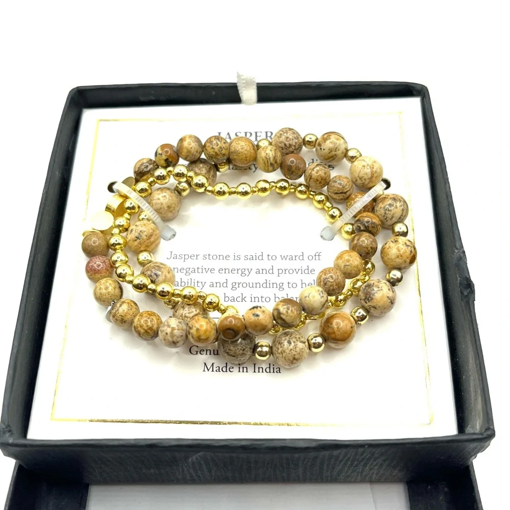 Elegant Gold and Brown Beaded Bracelet Set Stackable Stretch Bracelets